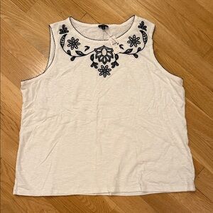 Talbots White Tank Top with Black Embroidery